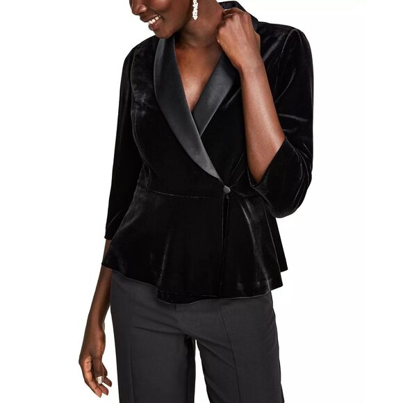 3/4 Sleeve Side Closure Velvet Blouse with Peplum Waist and Satin Collar